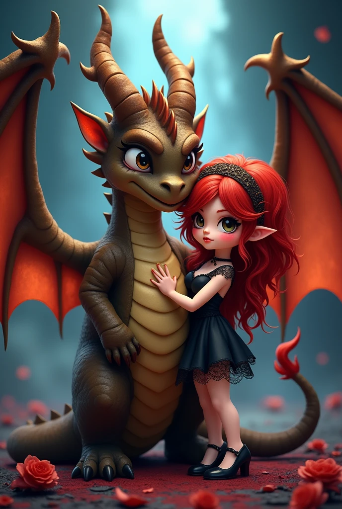 A male dragon with large brown wings along with a red-haired vampire in a short black sexy dress, both in chibi form