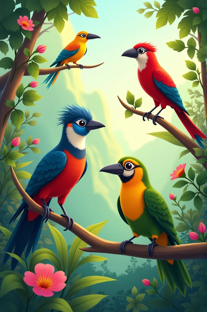 Create an animated image alluding to all the birds of Colombia for children 