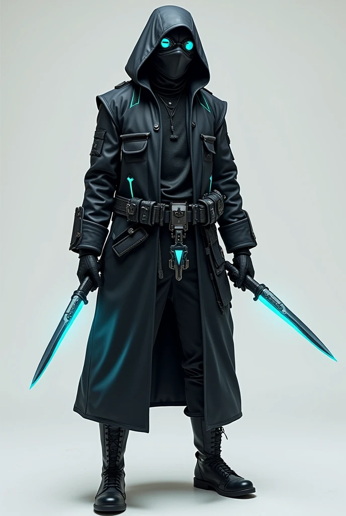 This character has an appearance that mixes a mysterious and modern style.. He wears a long, dark jacket, reminiscent of a military or urban combat coat, with neon blue accents that suggest some kind of advanced technology, like a holographic display or smart fabric. 

In the hands, he holds two knives with blades that emit a faint blue glow, possibly made of a special material such as a titanium alloy or with some technological functionality, such as the ability to cut through reinforced materials or project an energy field. 

He wears a hood that covers part of his face, but what really catches the eye is the blindfold, suggesting that he may be using some sort of augmented reality visor or cybernetic implant that replaces ordinary vision with a digital interface.

The waistband is equipped with several pockets and compartments, resembling a tactical belt, carrying gadgets and devices that could be used in infiltrations, hacking or spy missions. Among these items, you can see bottles that could be chemical or energy solutions, and tools that appear to be multifunctional, like a futuristic swiss army knife.

A pendant he holds in his hand appears to be a multi-functional device, perhaps an advanced communicator or an electronic key for access to secure systems. Their boots are robust and have a modern design., probably equipped with non-slip soles and impact protection, ideal for urban and dangerous environments. 

The overall look suggests a specialized agent or mercenary operating in an advanced society., where cutting-edge technology meets traditional combat tactics.