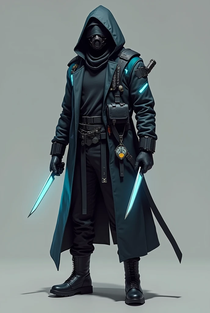 This character has an appearance that mixes a mysterious and modern style.. He wears a long, dark jacket, reminiscent of a military or urban combat coat, with neon blue accents that suggest some kind of advanced technology, like a holographic display or smart fabric.
In the hands, he holds two knives with blades that emit a faint blue glow, possibly made of a special material such as a titanium alloy or with some technological functionality, such as the ability to cut through reinforced materials or project an energy field.
He wears a hood that covers part of his face, but what really catches the eye is the blindfold, suggesting that he may be using some sort of augmented reality visor or cybernetic implant that replaces ordinary vision with a digital interface.
The waistband is equipped with several pockets and compartments, resembling a tactical belt, carrying gadgets and devices that could be used in infiltrations, hacking or spy missions. Among these items, you can see bottles that could be chemical or energy solutions, and tools that appear to be multifunctional, like a futuristic swiss army knife.
A pendant he holds in his hand appears to be a multi-functional device, perhaps an advanced communicator or an electronic key for access to secure systems. Their boots are robust and have a modern design., probably equipped with non-slip soles and impact protection, ideal for urban and dangerous environments.
The overall look suggests a specialized agent or mercenary operating in an advanced society., where cutting-edge technology meets traditional combat tactics.