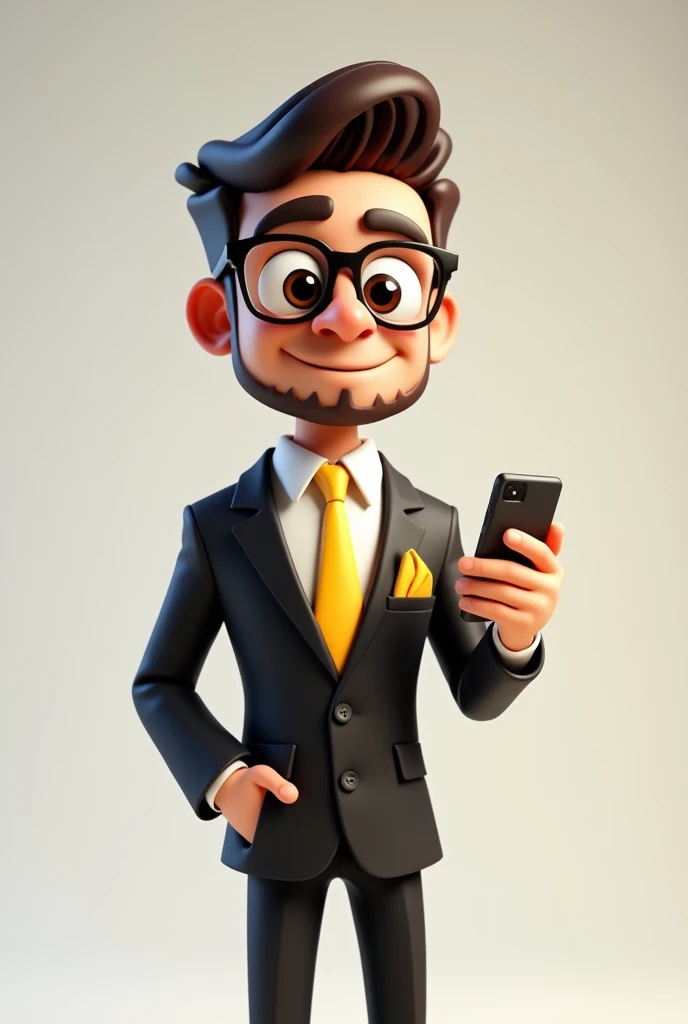 A full body 3D cartoon character. The character is a young man with fair skin, a beard and dark brown hair combed up, thick eyebrows, large brown eyes and wears glasses. His expression is neutral, with a calm and composed demeanor.
The character is dressed formally, wearing a black suit, white shirt and yellow tie. In his jacket pocket there is a yellow handkerchief, matching his tie.
He is holding a cell phone in his right hand and his left hand is pointing at the cell phone. The background of the image is neutral, which highlights the character even more.
