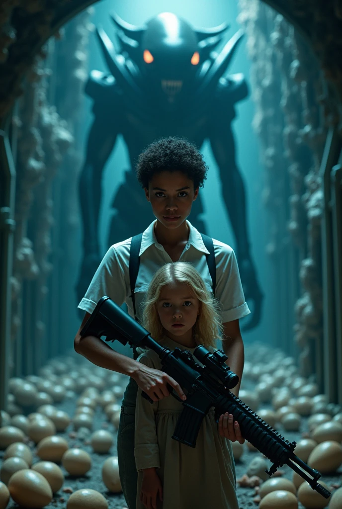 Generate a woman with short curly hair, in a white shirt, and she has a little blonde girl next to her, the woman is holding a machine gun, and she is sweaty, and she is in a very dark ship, with a blue light reflecting In the background, the room is full of eggs stuck to the floor, which you can barely see, and behind the woman is a large thin xenomorph challenge, he is black and has sharp teeth