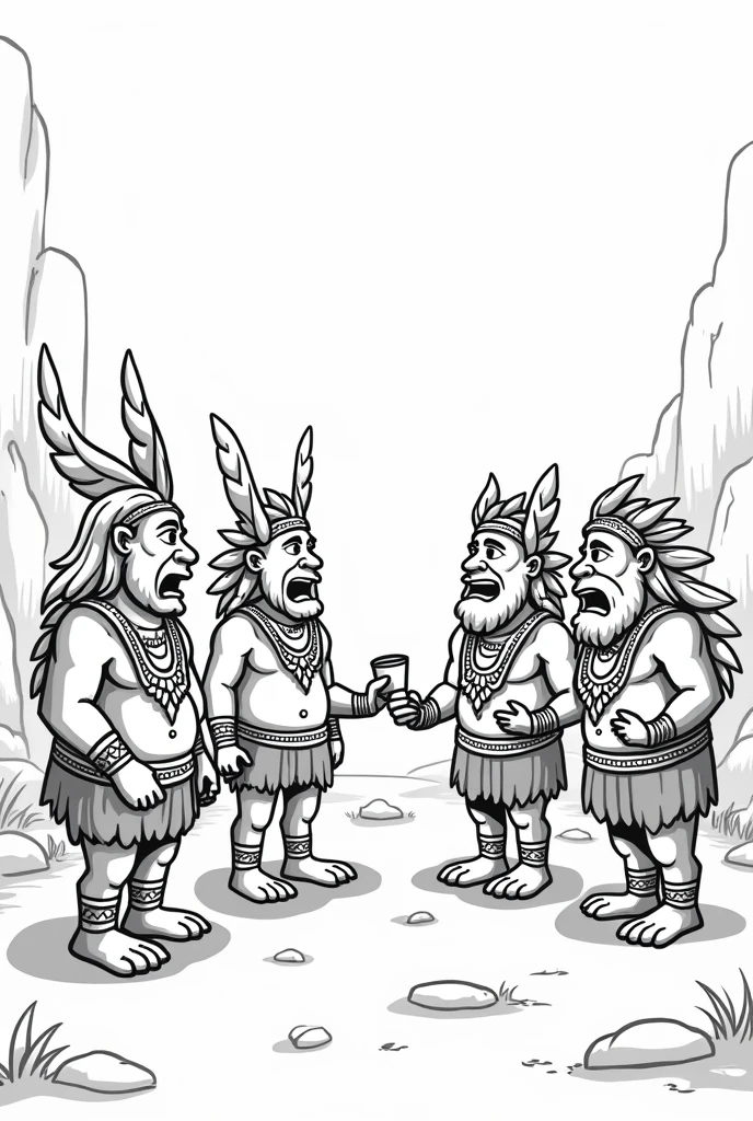 A group of Andean gods talking in black and white cartoon 