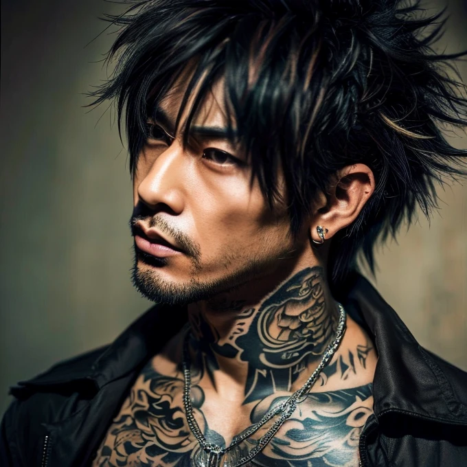 1 man, Japanese man, male, Asian eyes, muscular, broad shoulders, yakuza tattoos, hairstyle Visual Kei style, hair Visual Kei, black men's shirt and black pants, ultra detailed face, hyperrealistic, realistic representation, long hair, long hair, 30 years old, age 30 years, blonde hair