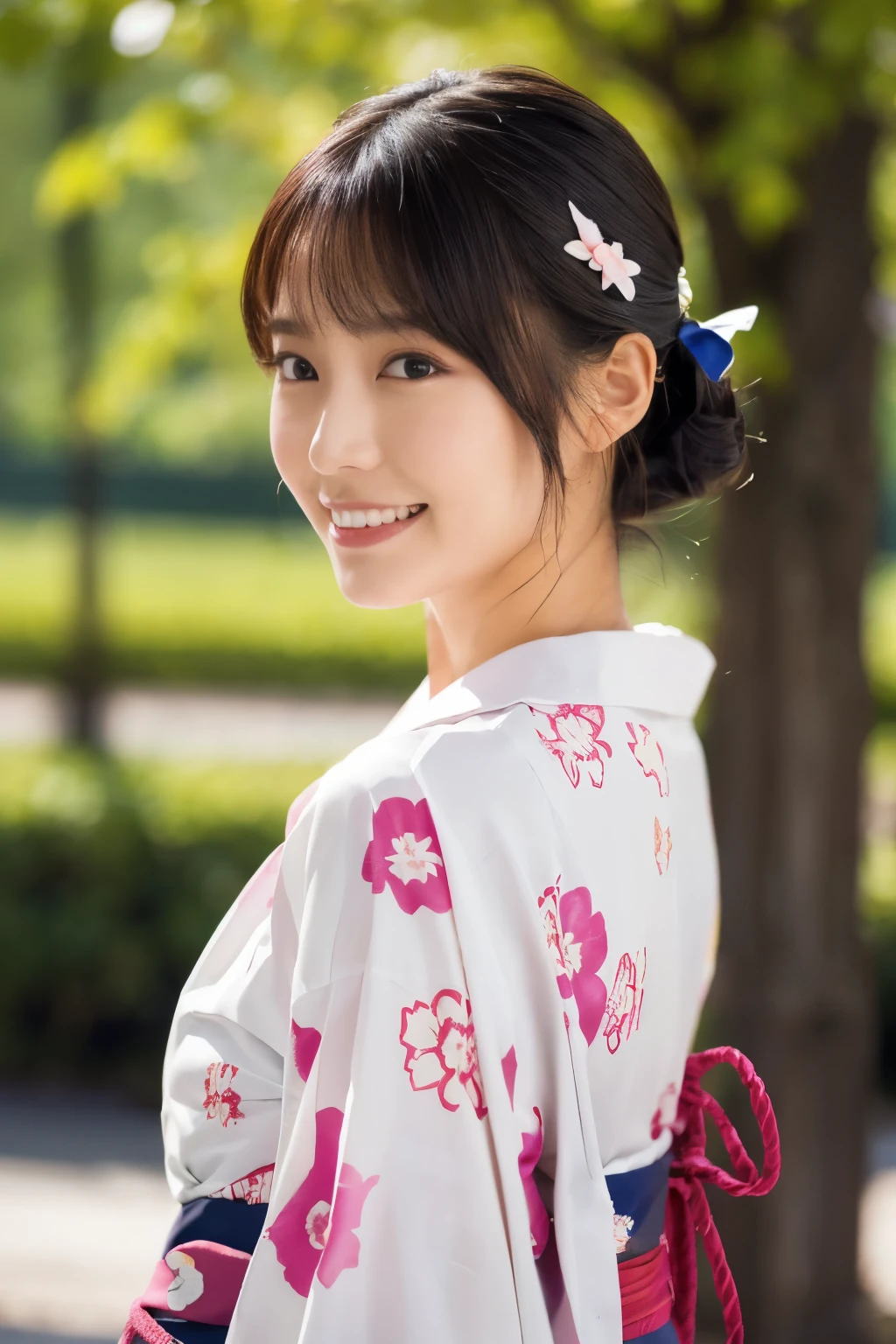 1 person, (Wearing a cute pink yukata.:1.2), Very beautiful Japanese idol portraits, (Young Face),
(RAW Photos, Highest quality), (Realistic, Realistic:1.4), (masterpiece), 
Very delicate and beautiful, Very detailed, 2k wallpaper, wonderful, finely, Very detailed CG Unity 8k 壁紙, Very detailed, High resolution, Soft Light, 
Beautiful details, Very detailed目と顔, Beautiful and sophisticated nose, Beautiful and beautiful eyes, Cinema Lighting, 
(Commemorative photo at the Loire Castle:1.3), 
(Japanese hairstyle), (Tie your hair at the back:1.3), (bangs), (hairpin), 
Complete Anatomy, Slender body, Small breasts, smile