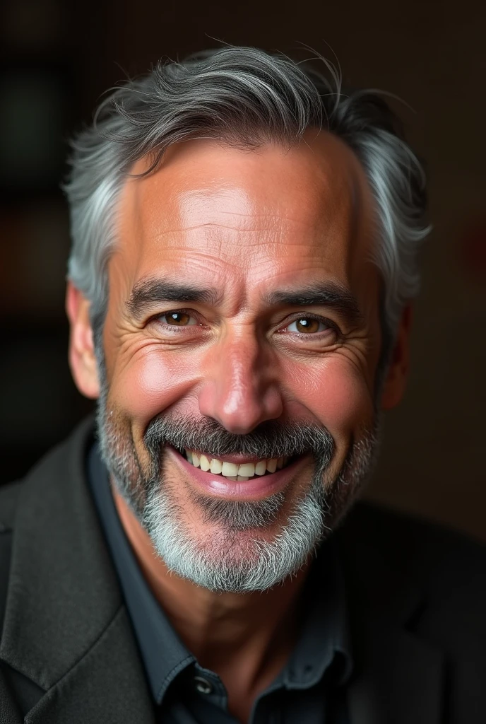 man with short gray beard,
square face brown eyes 3 thin eyebrows and beautiful smile