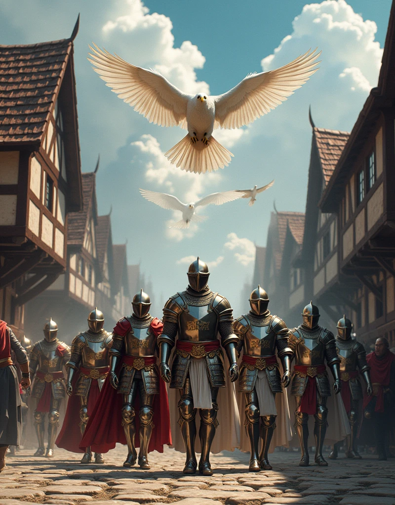 a group of knights in armor walking down a street with white eagles flying above them, by Noah Bradley, fantasy art, award-winning fantasy art, epic fantasy style art, epic fantasy artwork, epic fantasy digital art, elegant cinematic fantasy art, 8k fantasy art