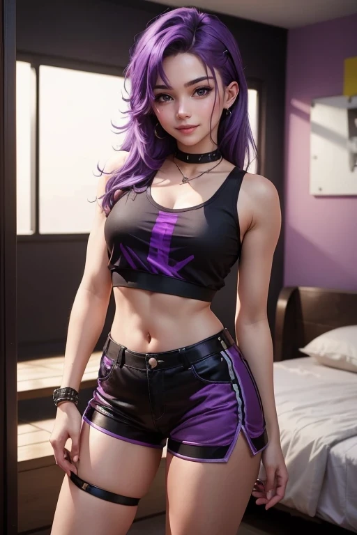 Cute young girl with purple hair wearing black crop top and purple shorts 8k quality