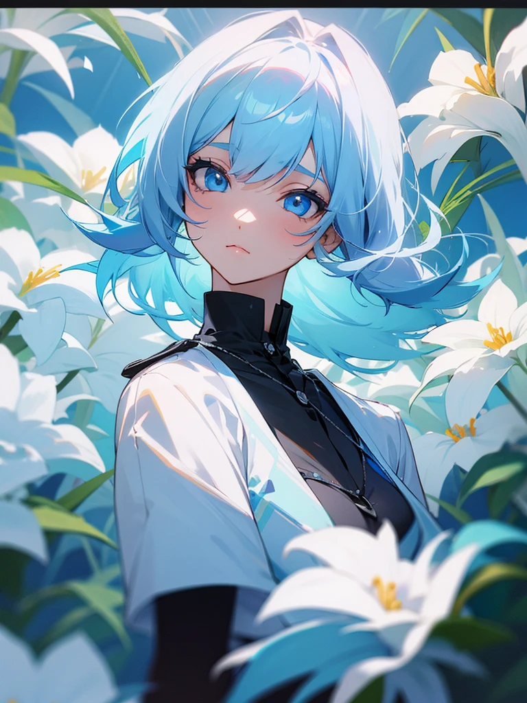 A girl,Light blue hair,Light blue eyes,Smell the flowers,Wearing fashionable clothes,g cup