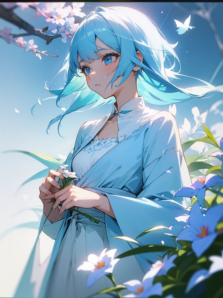 A girl,Light blue hair,Light blue eyes,Smell the flowers,Wearing fashionable clothes,g cup