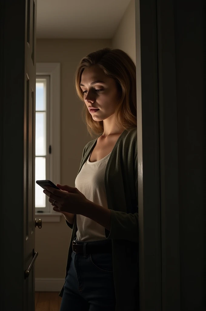 White woman looking at her phone while closing a door