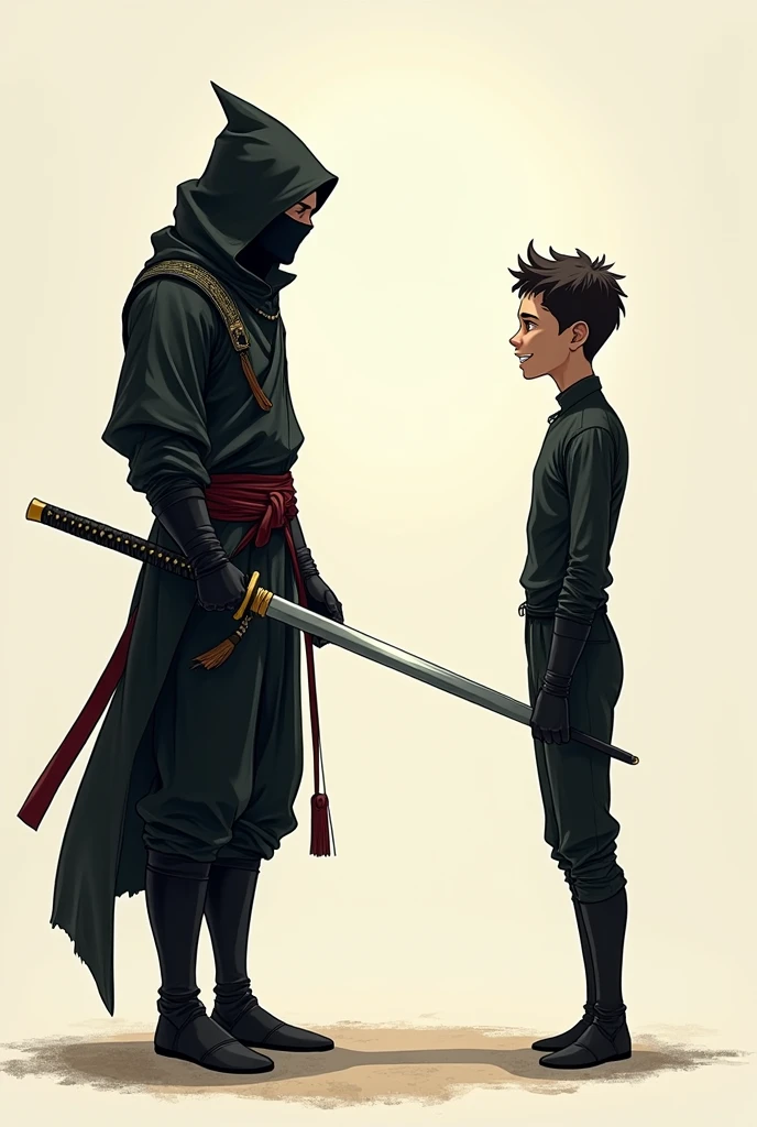 A black ninja wielding a sword and smiling looking at a smiling stickman figure