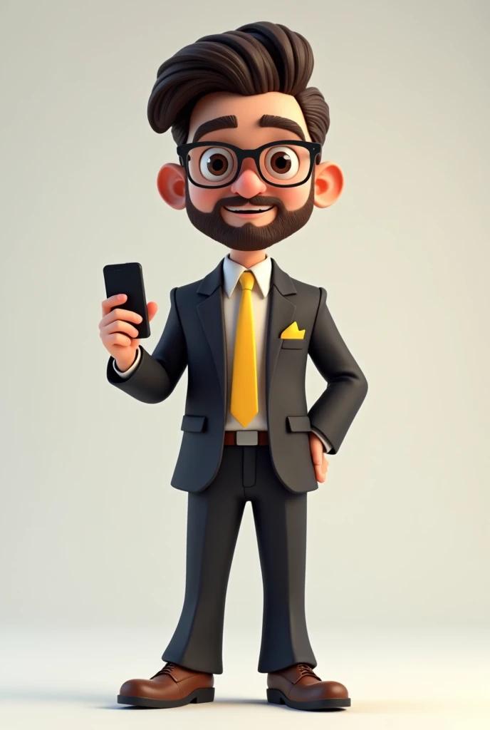 A full body 3D cartoon character. The character is a young man with fair skin, a beard and dark brown hair combed up, thick eyebrows, large brown eyes and wears glasses. His expression is neutral, with a calm and composed demeanor.
The character is dressed formally, wearing a black suit, white shirt and yellow tie. In his jacket pocket there is a yellow handkerchief, matching his tie.
He is holding a cell phone in his right hand and his left hand is pointing at the cell phone. The background of the image is neutral, which highlights the character even more.