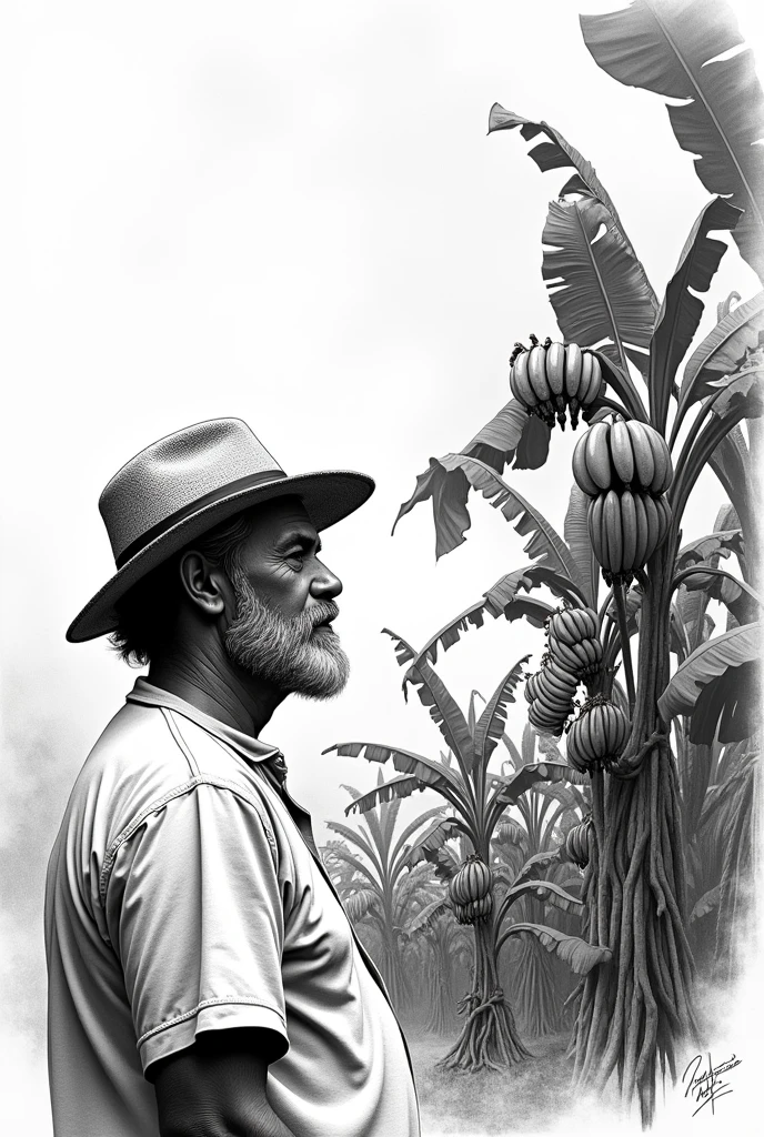 Create a black and white drawing of a man with a beard and hat , checking his banana plantation, Make the plants have hanging bananas.
Take away some of the realism and make the bottom part of the plant a single plant and not with roots. Place hanging bananas on the plants.