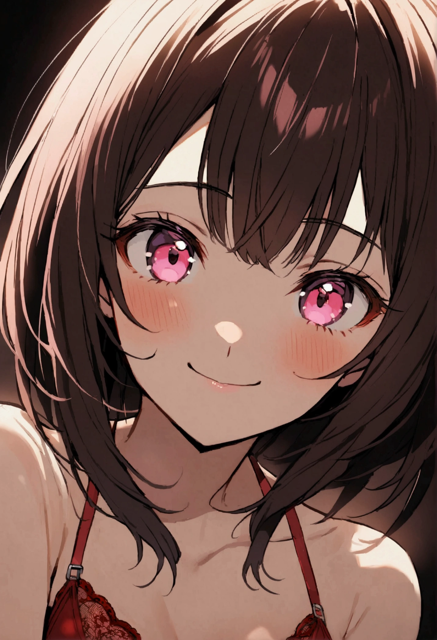 20 year old woman with short chocolate hair and pink eyes wearing a red lingerie smiling expression 