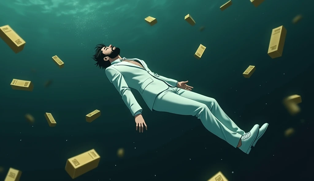 Create a anime style landscape image. an dramatic style under the water image showing a surreal and dramatic scene of a male person in a white suit, white shoes, and sinking into deep, The man has dark medium hair, thik medium beard and light skin, dark waters, surrounded by floating gold bars. "The figure appears to be floating helplessly, as if falling through the water, with their arms means hands and legs extended and head tilted back". and "his body is oriented horizontally with his back facing the viewer". The gold bars around the person seem to be floating and tumbling through the water, giving the impression of wealth lost in the chaos. The mood should be somber and intense, highlighting themes of loss, wealth, and the overwhelming force of destruction. Camera view left side long shoot. 4k, ultra high quality, UHD, ULTRA HD.