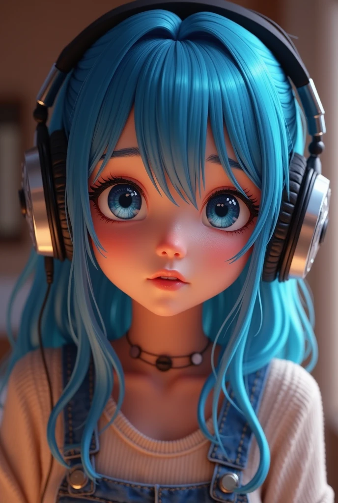 1 girl with blue hair, beautiful detailed eyes, beautiful detailed lips, extremely detailed face and hair, rock music listener, happy expression, casual outfit, telling good news to parents at home, warm lighting, photorealistic, masterpiece, 8k, highly detailed, cinematic, vibrant colors