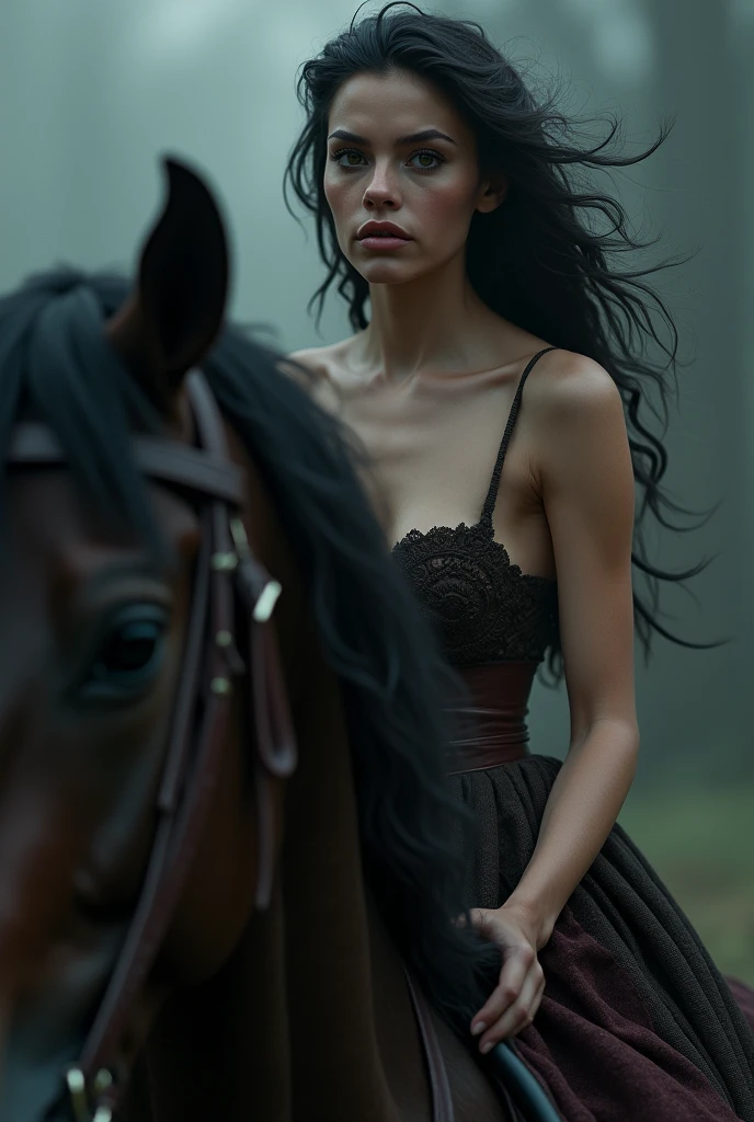 A topless girl riding a horse, dark, digital art, beautiful detailed eyes, beautiful detailed lips, extremely detailed eyes and face, long eyelashes, intricate details, dramatic lighting, cinematic, highly detailed, 8K, photorealistic, masterpiece, hyper realistic, award winning, muted color palette, moody atmosphere