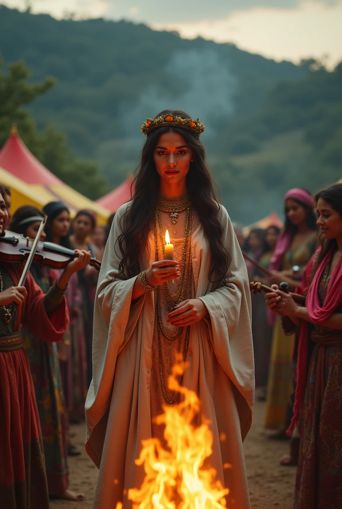 Create a video representing Saint Sara Kali, the patron saint of gypsies, blessing a group of gypsies. Santa Sara must be in the center, wearing the traditional clothing of the saint's image, holding a candle or a flower, radiating serenity. Around it, gypsies dance and play instruments such as violins and tambourines, colorful and decorated clothes with typical accessories, such as scarves and jewelry. The setting must convey a mystical and devotional atmosphere, with elements that refer to gypsy culture, such as tents, bonfires and natural landscapes."