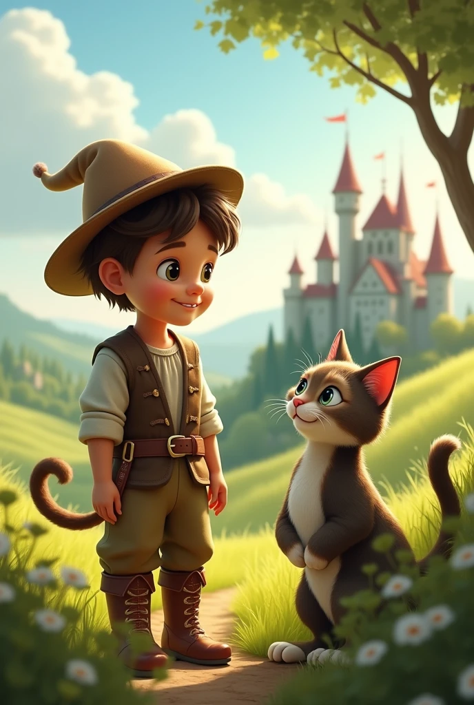 Generate me an image of the little brother with the cat from the story Puss in Boots