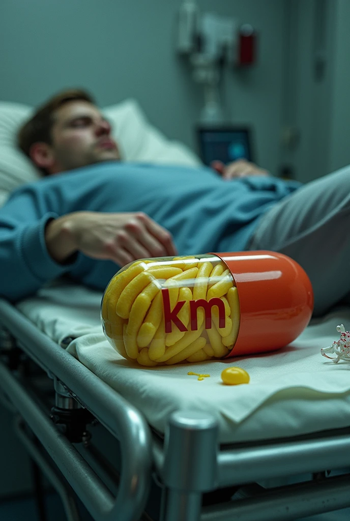 person on a stretcher taking a capsule of pasta with the name km