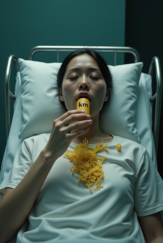 person on a stretcher taking a capsule of pasta with the name km