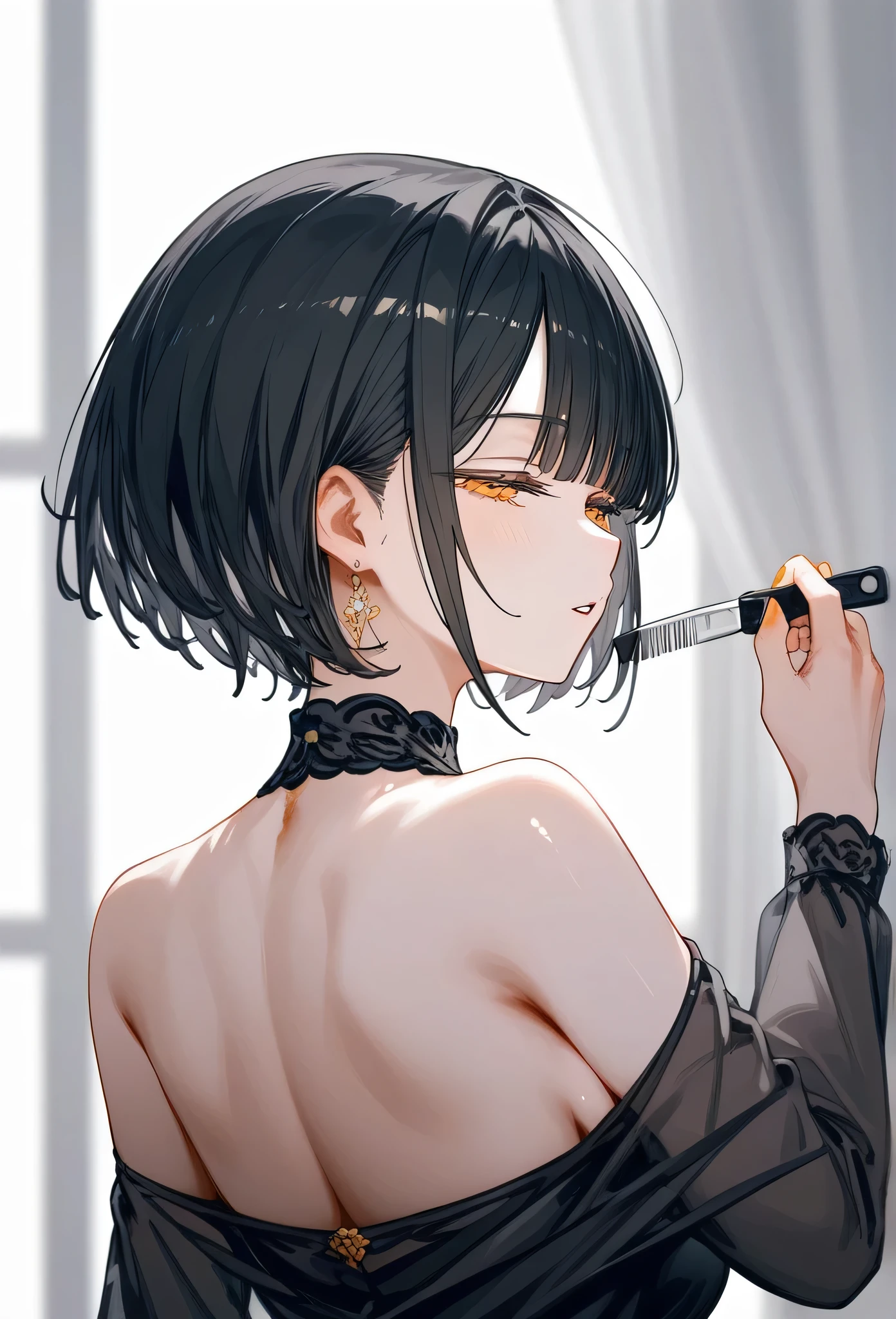 masterpiece, check_9, check_8_up, check_7_up, back view, 1 woman, One, dark black hair, very short hair, Long bangs with parting, gold and orange eyes, half-closed eyes, parted lips, inexpressive, pale skin, Big breasts, upper body,
long open bangs, с рOneкой под ртом, cutting style (Boy), without bangs.