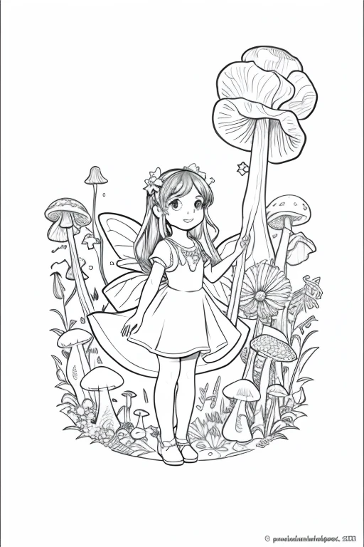 coloring page for children, White background, clean lines, little grey, fairy, forest flowers, Mushrooms