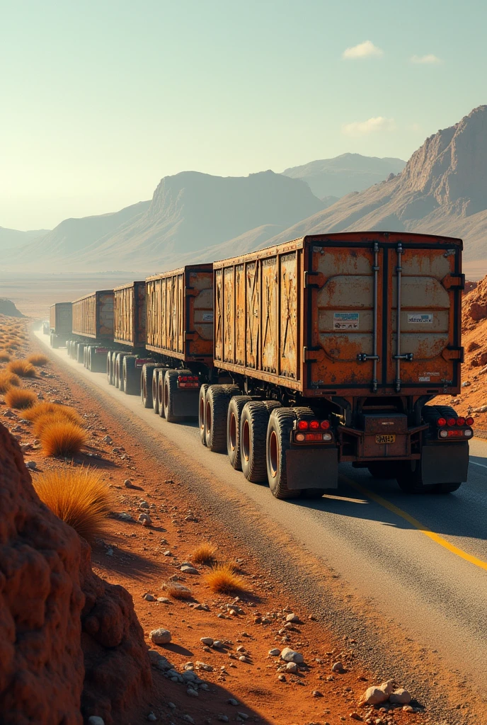 Draw me a low-deck trailer road train . the road train has three semi-trailers . Scepki type double b