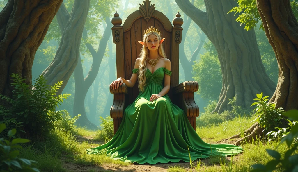 raw colored photo, digital artwork, green forest, throne made of wood, elf woman sitting on the throne, beautiful slim face, elven ears, long blonde hair, braid haircut, beautiful bright green dress, wearing golden tiara, bright day, landscape scenery, oak trees and pine trees on the background, wide shot, view from left, atmospheric perspective,4k, best quality, super detailed, (masterpiece: 1.5), 16k