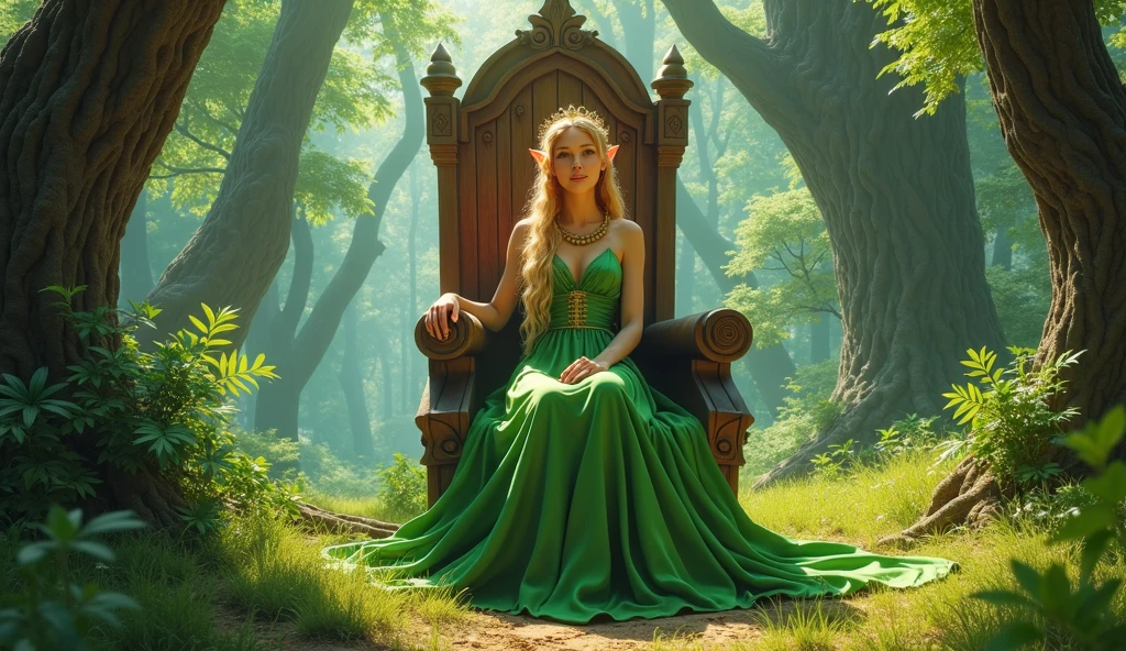 raw colored photo, digital artwork, green forest, throne made of wood, elf woman sitting on the throne, beautiful slim face, elven ears, long blonde hair, braid haircut, beautiful bright green dress, wearing golden tiara, bright day, landscape scenery, oak trees and pine trees on the background, wide shot, view from left, atmospheric perspective,4k, best quality, super detailed, (masterpiece: 1.5), 16k