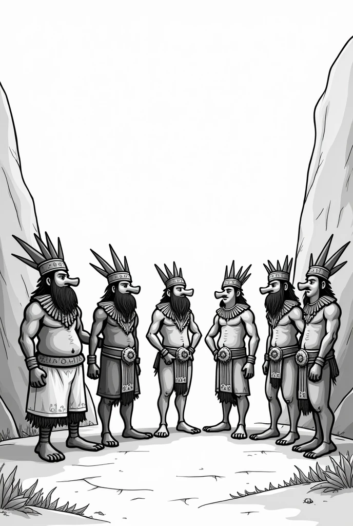 A group of Andean gods talking in black and white cartoon drawing that are nice 