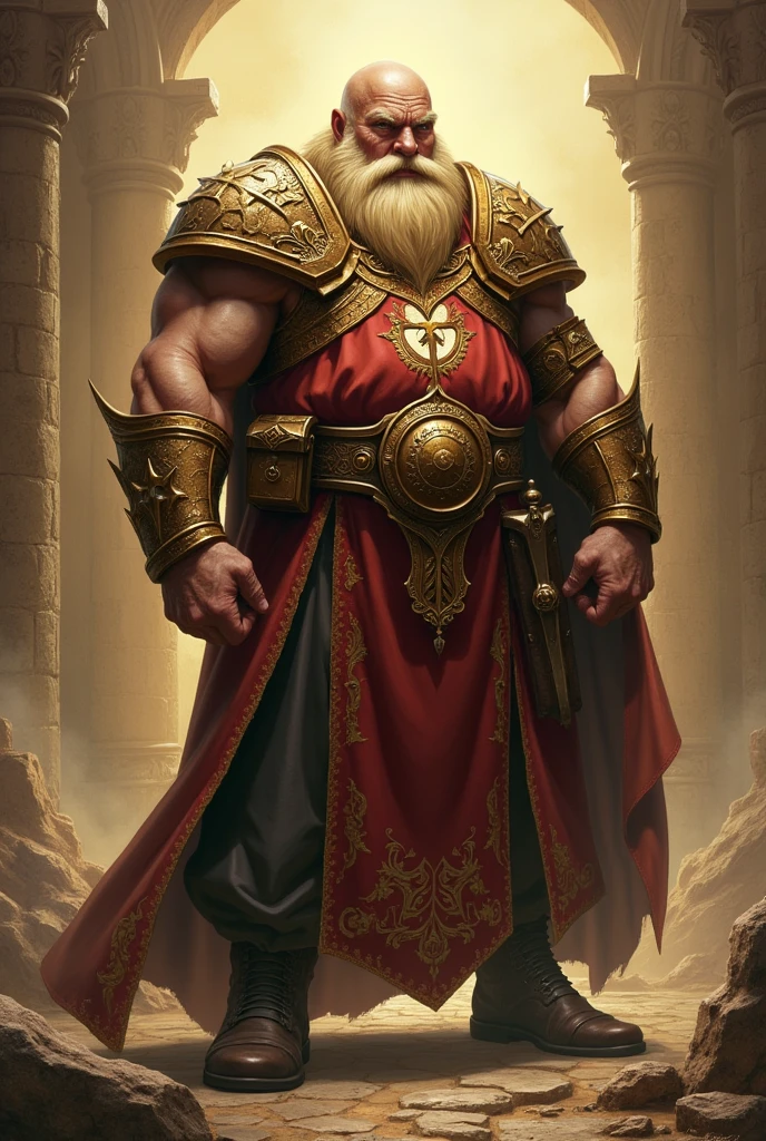 High fantasy Middle aged bulky large male bald cleric with golden hair beard