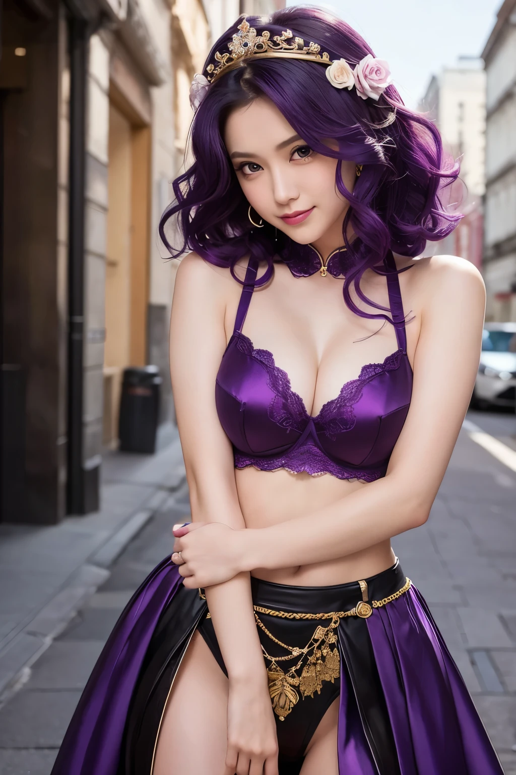 8k,豪華な紫色のQueenドレスと黒いマントを着てポーズをとるアラハドの女性, 巨乳のQueen,Super Beauty(Like the real thing),Sexy,Bright purple curly hair,Beautiful purple eyes,Purple Lipstick,rose flower headband,Gorgeous purple rapier,Very detailed artgerm, WLOP and Artgerm, Style Art Germ, in the Style Art Germ, Style: Ivan Talavera and Artgerm, As seen in ArtGerm, 8kの高品質で詳細なアート, ! Dream Art Germ,Sexyな衣装,Gaze to seduce the viewer,Cool smile,A purple and gold gauntlet on his arm,purple and black long skirt,compensate,Queen'The elegance of,Equipped with a thorn whip on the waist,Detailed Coat of Arms,Highest quality photorealistic RAW photos。Backlight、Cinema Lighting、Film Grain、50mm lens、Nikon D850、Ultra-Realistic Skin、Fantasy art、Character Art、Ultra-high resolution、muscular and slim body、Ultra-Realistic Skin、purple curl hair,