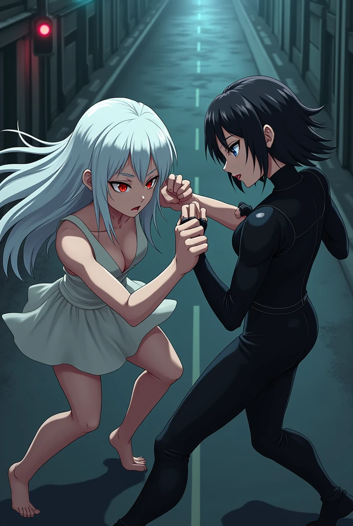 The image is anime style Darker than black with shadows and dim lights, anime style although somewhat adult and dark, It shows a scene of the roads of a city. In the image, an albino with long white hair and red eyes is fighting., who wears a short white dress and has bare feet, against a female android who has short black hair and a latex suit and one blue eye and the other brown. They fight bare-knuckle on the road. They are in combat stances. The image is focused from above, so you can barely see the fighters in question. Only they are in the picture. They are hitting each other very hard. Both are beautiful, they hit each other too hard, They look at each other with hatred