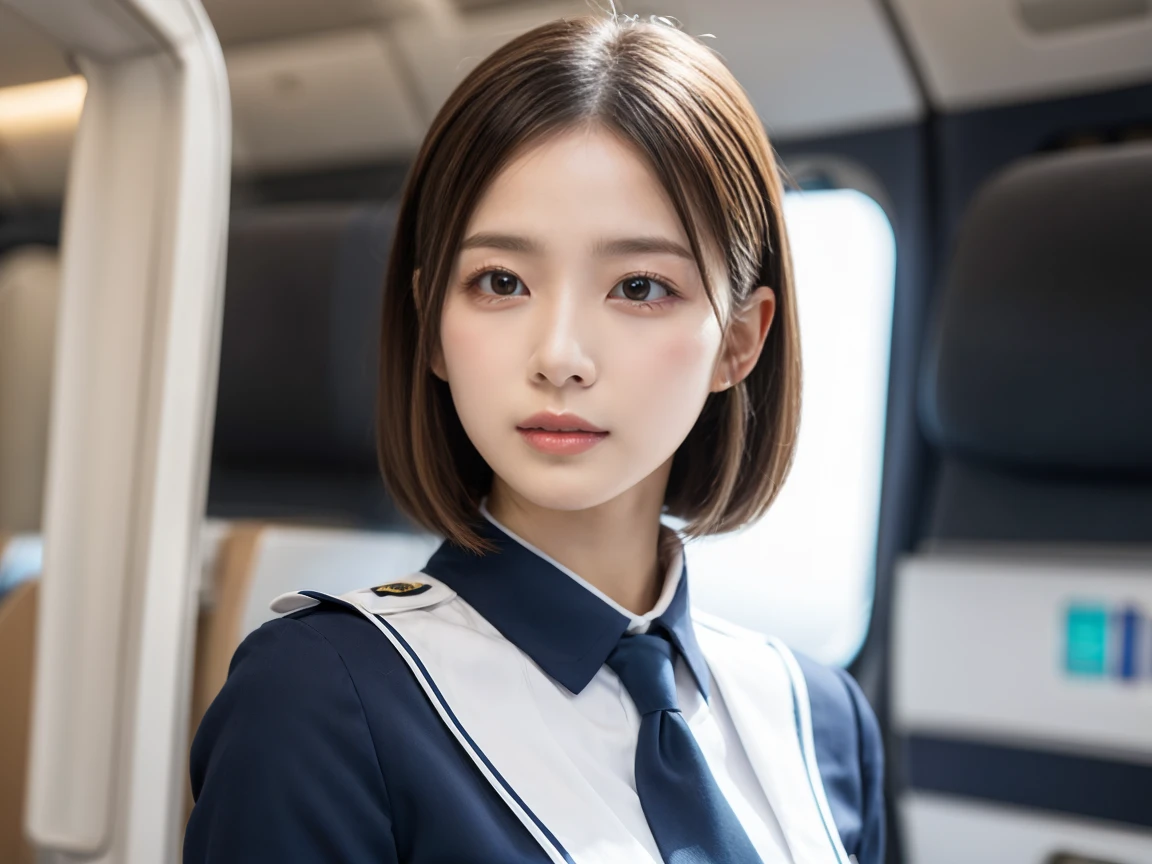 Highest quality, masterpiece, 8k, Ultra-high resolution, (Realistic: 1.4), 1 person, Beautiful Face, Symmetrical eyes, big, Perfect Body Proportions, Stewardess Uniform, Audience'vision, (Inside the plane: 1.2), Front view, Shoulder jumps, Absolute area (1.3),, whole body