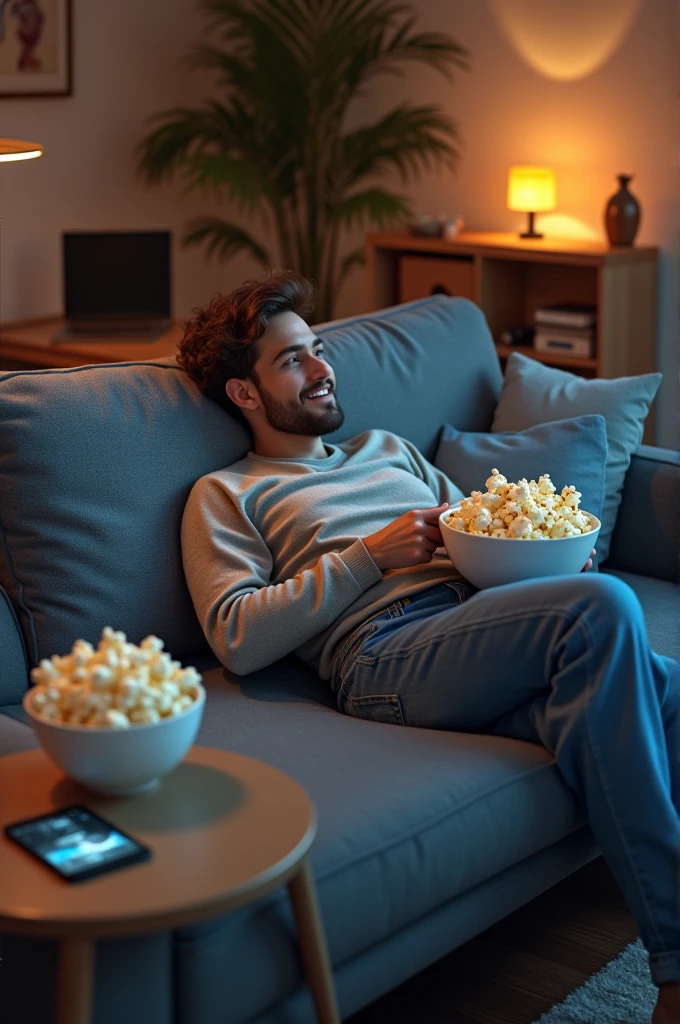 A person relaxing on a couch with popcorn and various devices around