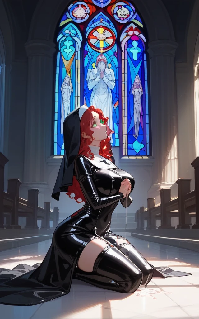 1 girl, best quality, masterpiece, church, stained glass, red hair, green eyes, wavy hair, black latex nun outfit, shiny latex nun dress, long dress, extremely glossy latex(2.0), big breasts, big thighs, big butt, hourglass figure, kneeling, looking up, praying, pillar of light shining down, covered in cum, viscous white cum dripping down dress