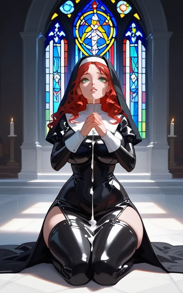 1 girl, best quality, masterpiece, church, stained glass, red hair, green eyes, wavy hair, black latex nun outfit, shiny latex nun dress, long dress, extremely glossy latex(2.0), big breasts, big thighs, big butt, hourglass figure, kneeling, looking up, praying, pillar of light shining down, covered in cum, viscous white cum dripping down dress