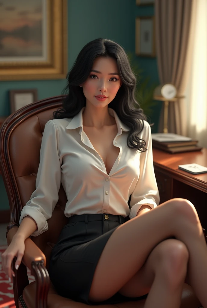 (Elite secretary of the upper class in light underwear), Sitting in a chair and working in the office、 (Wearing pantyhose)、crossed legs, Wear high-end high heels、 (thighhighs and skirt), Shirt secretary, businesswoman, Wear shirts and skirts, Business attire, business outfit, Raw photo, (8K、top-quality、masterpiece:1.2)、(intricate detailes:1.4)、(Photorealsitic:1.4)、octane renderings、Complex 3D rendering ultra detail, Studio Soft Light, Rim Lights, vibrant detail, super detailing, realistic skin textures, Detail Face, Beautiful detail eyes, Very detailed CG Unity 16k wallpaper, make - up, (detailedbackground:1.2), (Exposed thighs), wide angel photo, , soft long wavy blunt bangs black hair, perfect shaped medium breast