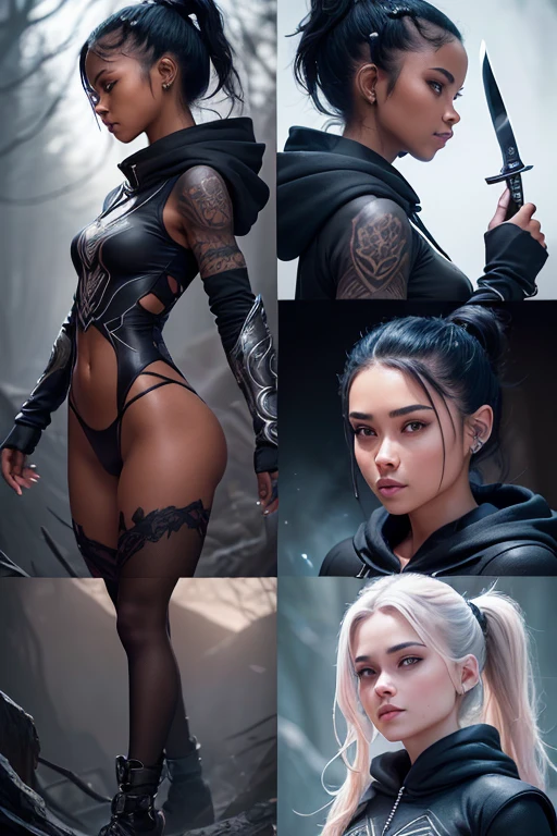 A young assassin girl with European features, riding a animal, lovely charming face, having onyx blue skin tone pigmenting texture , ( full body perfect detailed masterpiece), ( dark skin tone texture masterpiece ), (ponytail hairstyles look), ( having a illuminating onyx blue crystalized wavy short hair ), ( has a artistic tattoos ),(( wearing hoodie of assassin's design)), (smiling, with exposed teeths showing open mouth)(perfect full body detailed anatomy), (Super accessories detailed), (fighting pose), (perfect detailed crystal Gray sparkling eyes),(wearing illuminating gemstone crystalized accessories hair), ((expose big hard erect nipples))(( exposed panty, with pussy clitoris exposed and slip showing))((legs wide open showing pussy line))(( Wearing transparent illuminating see thru assassin's costume )), (( holding a deadly knife)), (( illuminating different lights covering the sorrounding atmosphere forest with a misty shadow effects showing)) ruins back Alleys with many flora and fona rarity, on its back wearing assassin's cape detailed design, has deadly presence, ((having 7 different perspective view of that same girl & face profile sheet character style ))