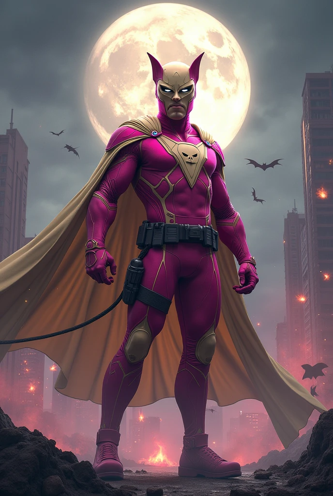 Malaysia man in high-tech suit, vivid effects, malaysian superhero (KELUANG MAN) in a striking pink and beige costume cyberpunk design, mask small mini bat ear beige, daredevil beige mask, jumpsuit dark pink stands confidently in a dramatic.jumping from high place.hero costume.one hand rise up. Big triangle logo on the chest.high detail Punisher logo on the chest. Fighting pose , stormy landscape. ((Head covered node guard like batman. Running pose , athletic body type, small mini ear bat mask))The character wears domino mask a helmet with pointed mini torn ears and a flowing cape biege, open nose and mouth. Equipped with visible futuristic weapons on a belt,bullet proof jacket pink dark day.show fingers pose, dark night, big supermoon effect . Small logo on chest triangle shape small punisher logo center(( skull triangle shape logo)) center on chest pink logo mini logo . rocky. Building top.smoke ground , bomb effect background, losse pants, losses costume.adding to --ar 3:4 --style raw --stylize 500 --v 6.1. chaos. Lot of small flying bat. One leg on the high stone. Man . Real man age 40 year old. One hand holding belt.one hand holding black rope hanging on building