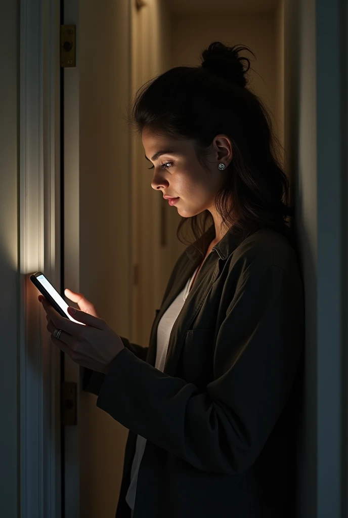 White woman looking at her phone while closing a door