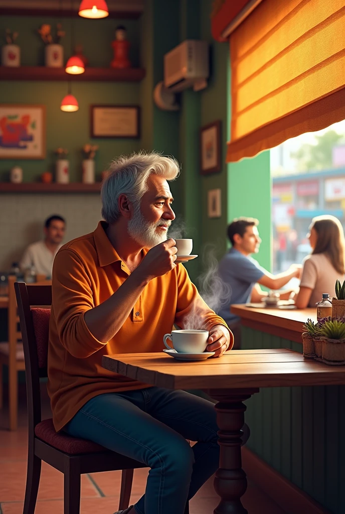Luis in a cozy Colombian cafe, with coffee and background music