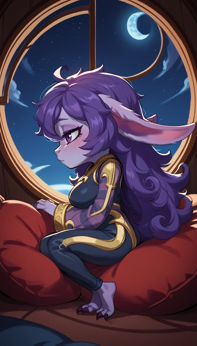 score_9, score_8_up, score_7_up, best quality, masterpiece, Lulu, (absurdly high resolution:1.4), from side, (short, diminutive, smol), yordle, (humanoid, light purple skin, purple eyes, (long ears, horizontal ears), long horizontal yordle ears, claws, feminine), black space suit, barefoot, cute, adorable, slim, thin, (hair, fluffy hair,), large breasts, sleepy expression, blush lines, submissive), solo, space station bedroom, pillows, window, night sky, Expressive, young, expressive shortstack, outer space,