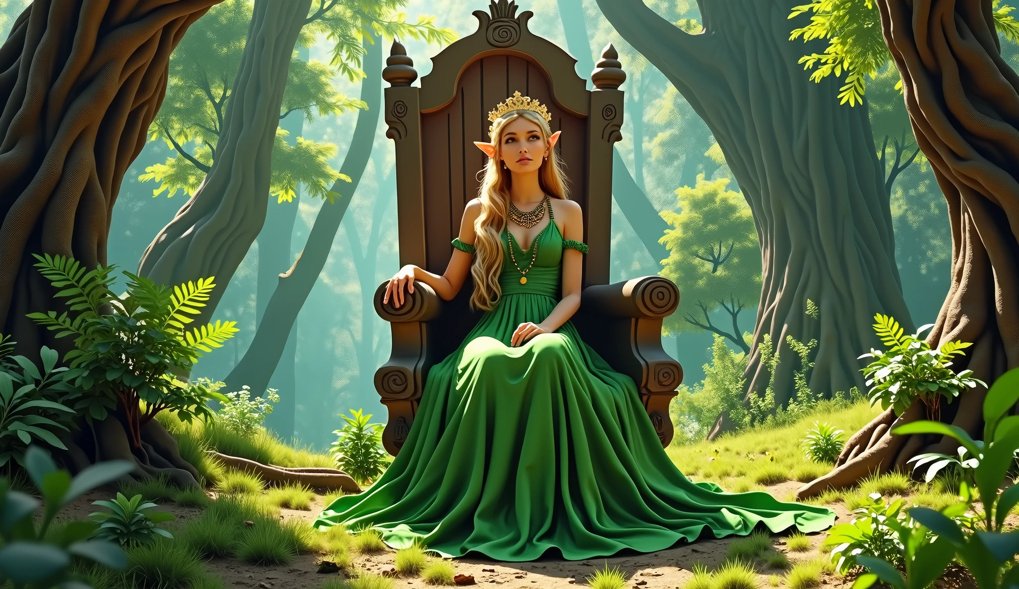 raw colored photo, digital artwork, green forest, throne made of wood, elf woman sitting on the throne, beautiful slim face, elven ears, long blonde hair, braid haircut, beautiful bright green dress, wearing golden tiara, bright day, landscape scenery, oak trees and pine trees on the background, wide shot, view from left, atmospheric perspective,4k, best quality, super detailed, (masterpiece: 1.5), 16k