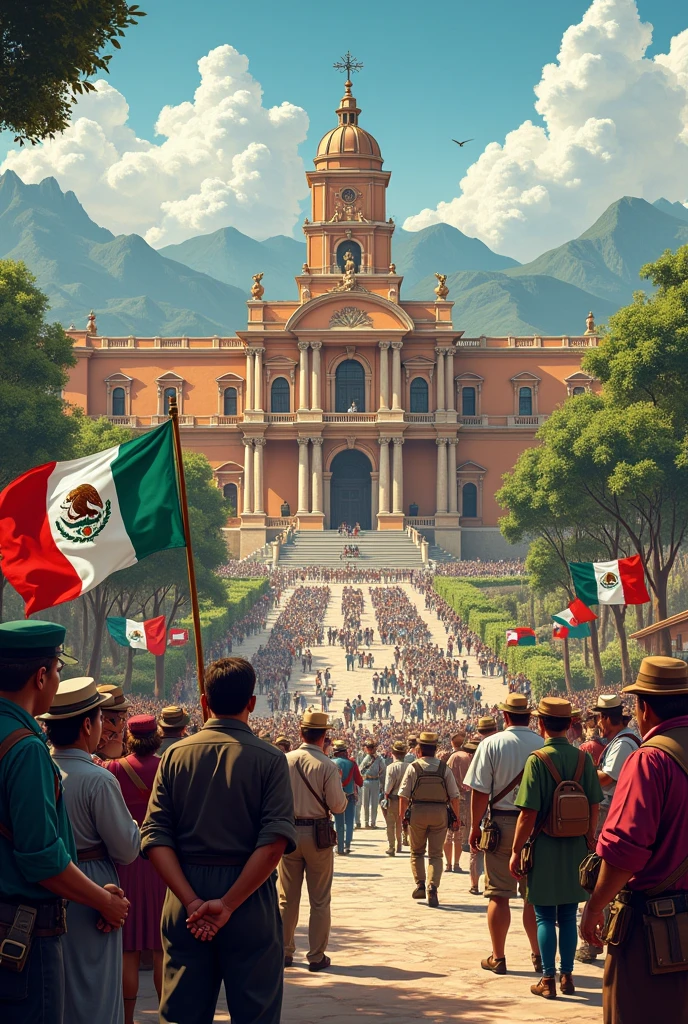 National Palace of Mexico and behind it are workers and peasants,lawyers,teachers,architects in front of the National Palace of Mexico, which is located in the cultural diversity that Mexico has, such as rivers and seas,jungle and mountains and have signs,On the right side, the war of independence and soldiers,combined with freedom 
