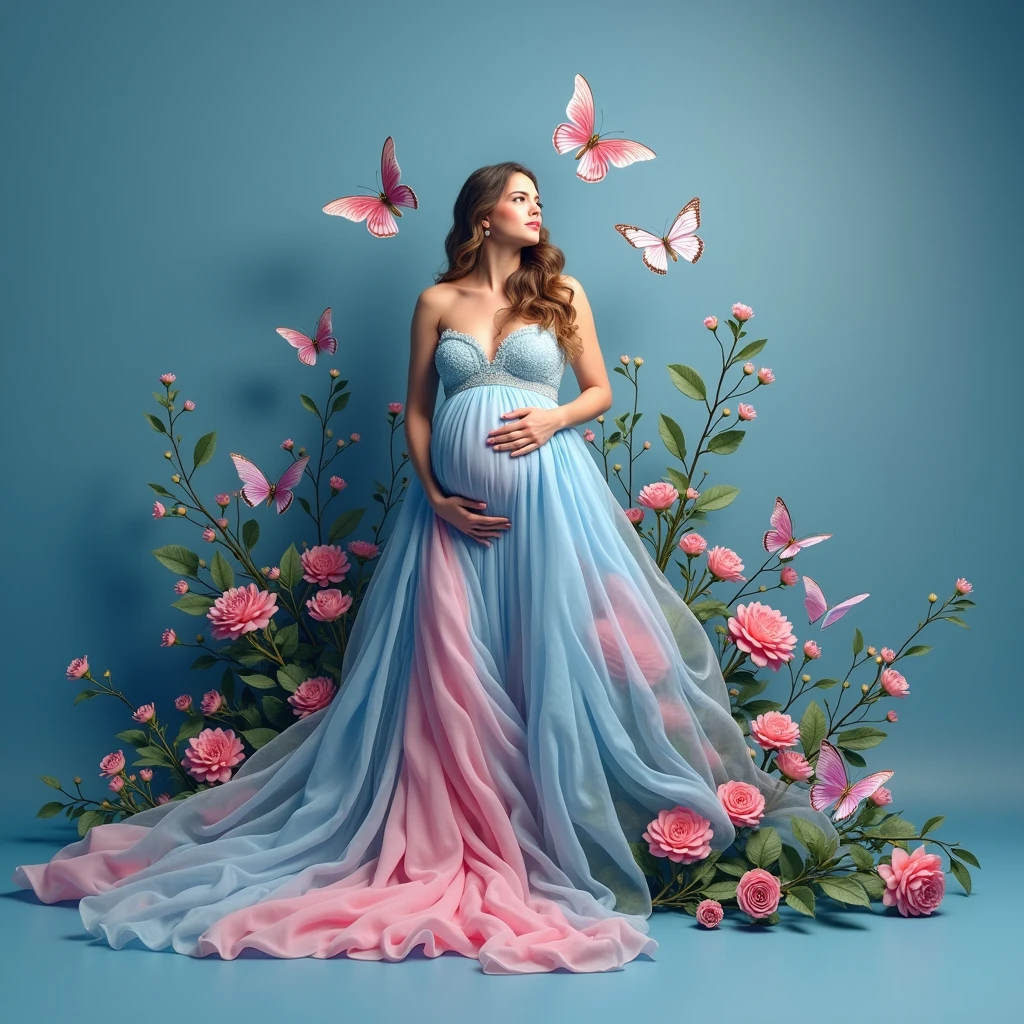 pregnant woman in red gown surrounded by flowers and butterflies, a colourised photo by Elena Guro, trending on cg society, conceptual art, blue and pink colors, blue and pink color scheme, blue and pink, maternal photography 4 k, pastel blues and pinks, pink and red colors, pink and blue colour, red and pink colour splash, pink and blue