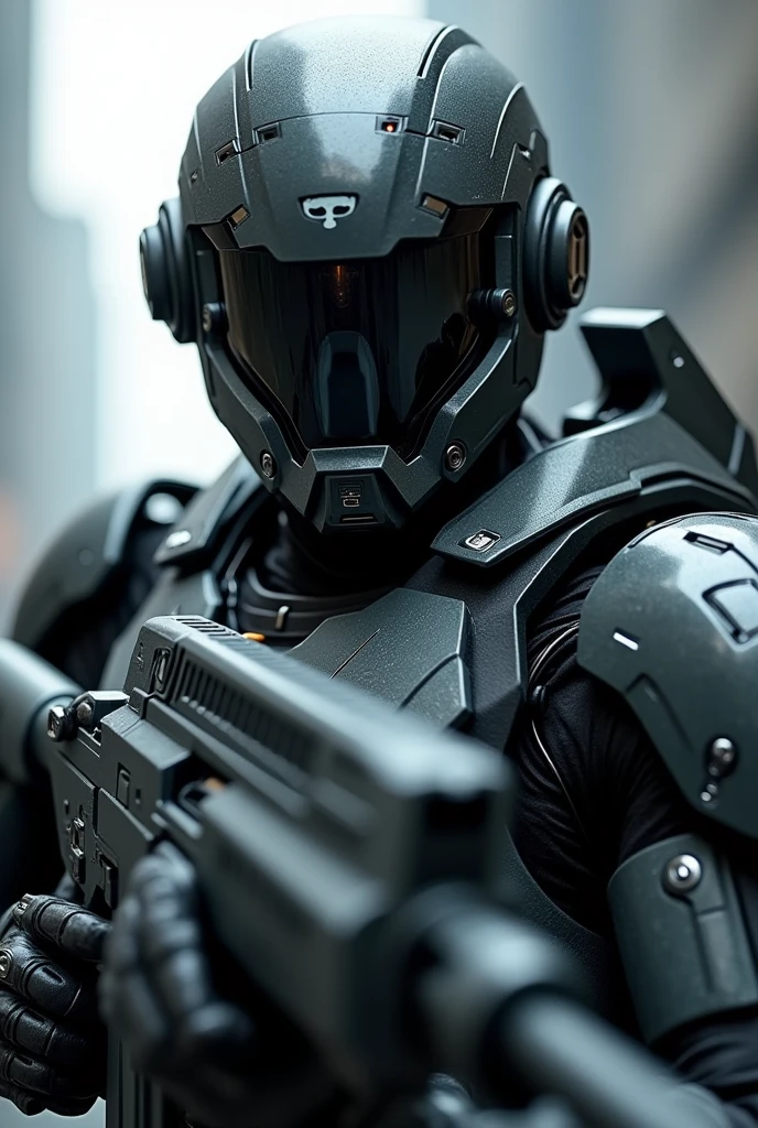 Close-up of a police robot with a gun in his hand, sci-fi soldier, futuristic soldier, fps shooter game, clothed in sci-fi military armor, sci - fi armor, Sci-fi armor, Space armor, sci-fi skin, futuristic armor, sci - fi character, pulse rifle, Mobile Suit, dressed in tactical armor,delicated,