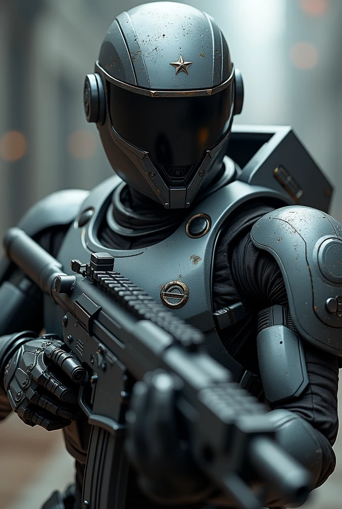 Close-up of a police robot with a gun in his hand, sci-fi soldier, futuristic soldier, fps shooter game, clothed in sci-fi military armor, sci - fi armor, Sci-fi armor, Space armor, sci-fi skin, futuristic armor, sci - fi character, pulse rifle, Mobile Suit, dressed in tactical armor,delicated,